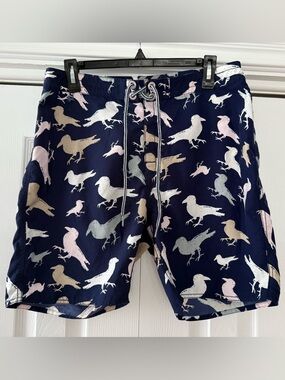 Modern Amusement Navy Blue Allover Bird Print Men’s Swim Board Shorts